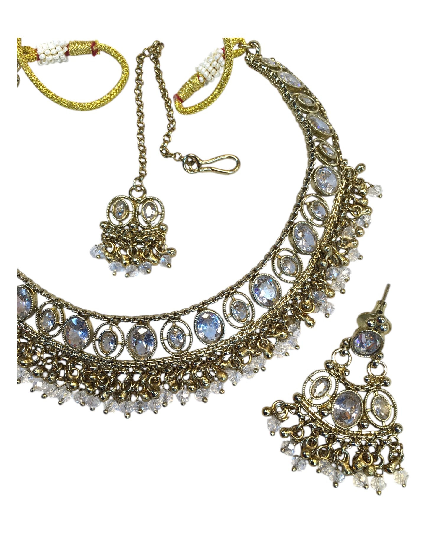Clear Stone - Antique Gold Finish Necklace & Earrings Set - Bollywood - Weddings - DAJ547 11KV24