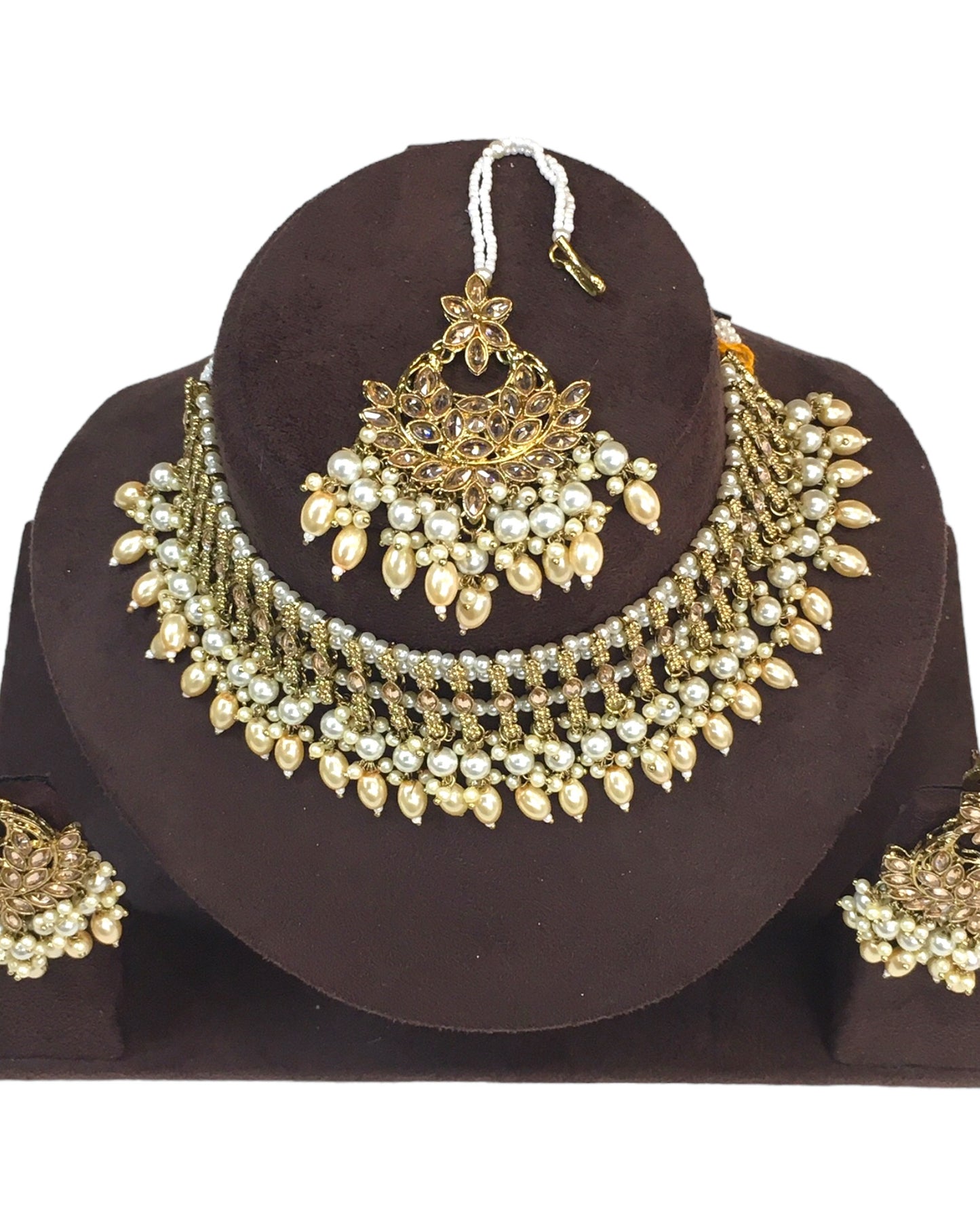 Gold / Neutral - Large Size Antique Gold Finish Necklace Set with Earrings - JE15 KY 0424