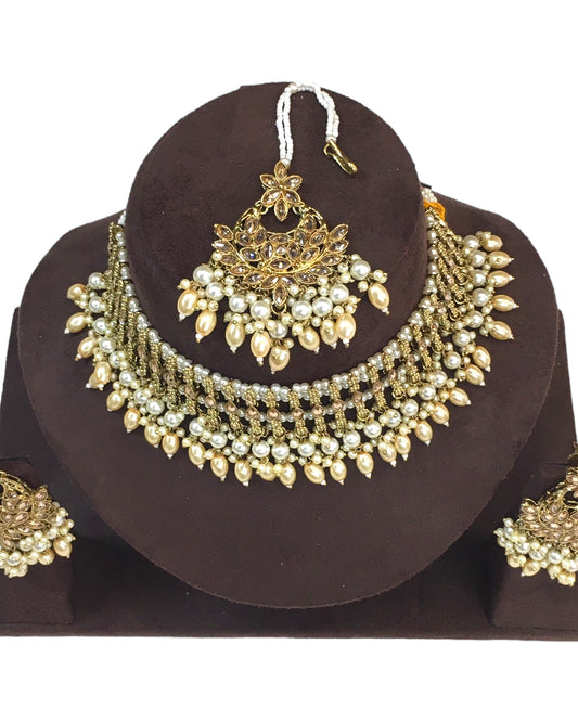 Gold / Neutral - Large Size Antique Gold Finish Necklace Set with Earrings - JE15 KY 0424