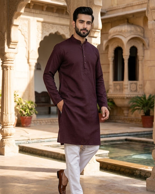 Wine - Self Brocade - Mens Indian Kurta set with Trousers - UK Stock - Weddings / Walimas , Sangeet, Diwali, Eid, Mehndi / Henna - VEE3504 09KV26