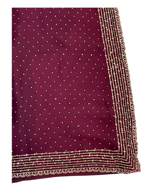 Wine - Classic Satin Crepe Saree with Stone Work and Blouse Piece - UK stock - 24hr Dispatch - RS2531 VY