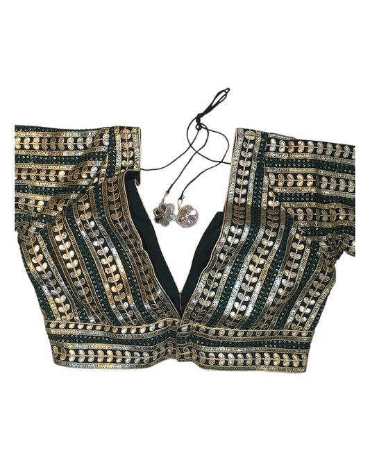 Bottle Green - Fully Embroidered Low Front and Back Gota Patti Saree / Lehenga blouse - 40" Bust (UK 14) Can be let out to size 16 - B214 01KP25