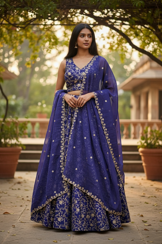 Purple - Banarasi Brocade Silky Lehenga Set - Mehndi / Sangeet / Bridesmaids / Weddings / Garba - Size UK 12 (38" Bust) Adjustable to Size 14 - UK Stock - 24h Dispatch - AF2601 02VP26