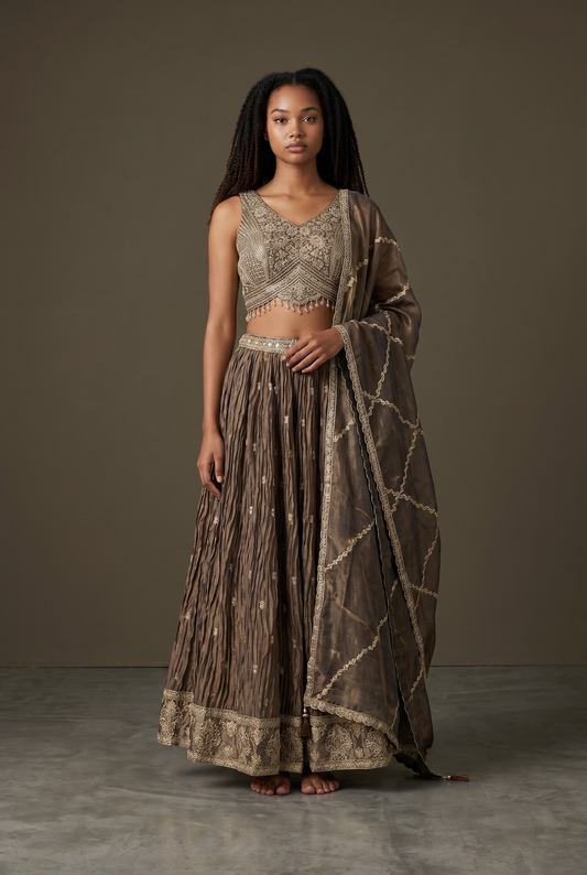 Size UK 12 (38" Bust) Adjustable to Size 14 - Antique Gold - Silky Lehenga Set - Mehndi / Sangeet / Bridesmaids / Weddings / Garba - UK Stock - 24h Dispatch - JF10906 05PA26