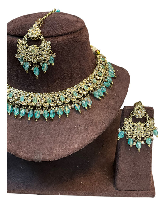 Turquoise Blue - Medium Size Antique Gold Finish Necklace Set with Earrings - RZ31 KYp