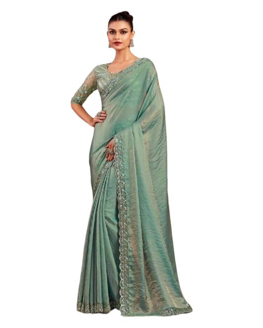 Sea Green - Chiffon Saree with Fancy Ready made Blouse - SRV7912 PY 0624