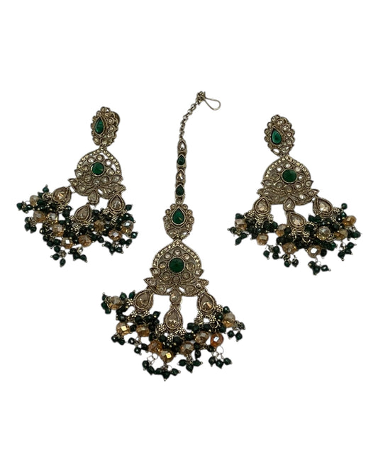 Green - Large Size Antique Gold Finish Necklace Set with Earrings & Head Piece - Bollywood - AE2513 08KK25