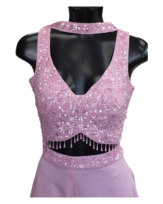 Baby Pink - Designer Ladies Short Top Palazzo Trousers Suit - Size 12 (38") - VMK BADAL PY