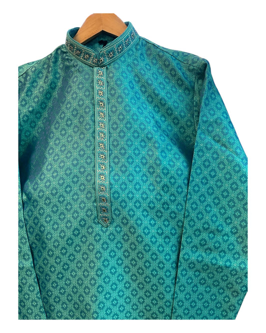 Turquoise Green  - Banarasi Handloom Brocade Mens Indian Kurta set - UK Stock - Weddings / Walimas , Sangeet, Diwali, Eid, Mehndi / Henna - VEE2433 VR