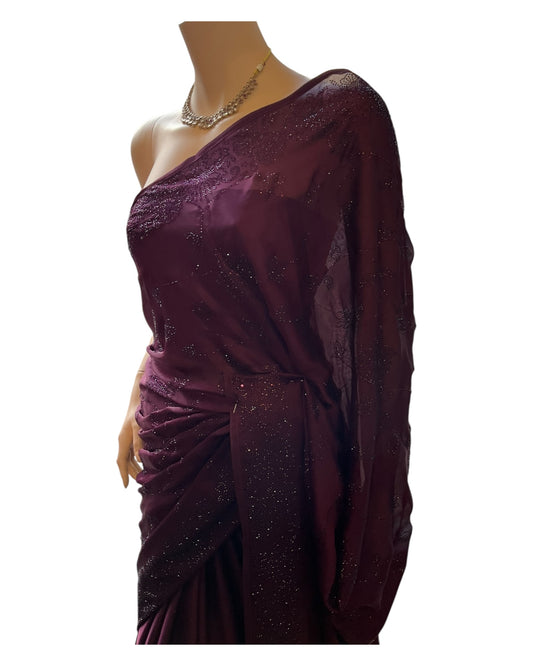 Wine - Fancy Embroidered Saree with Blouse Piece - UK stock - 24hr Dispatch - SP250606 TY