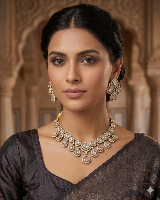 Baby Pink - Medium Size Antique Gold Finish Choki Necklace Set with Earrings - Bollywood - AVON-KU1788 08VT25