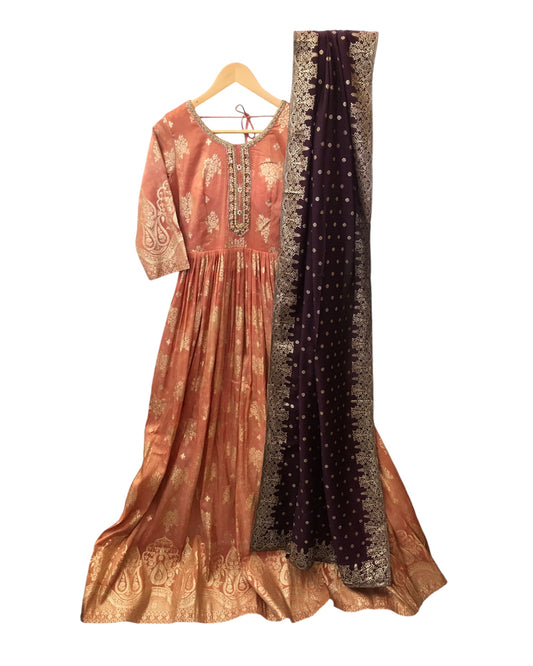 Banarasi Silky Peach / Coral Anarakali Long Dress with Trousers - Size 10, 14 and 18 - KTC241070TT