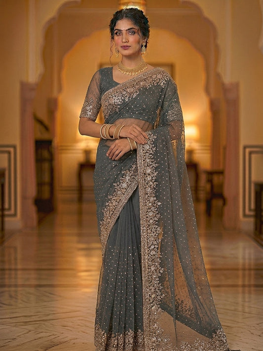 Silver Grey - Fancy Party Saree with Blouse Piece - UK stock - 24hr Dispatch - SP2622 PK