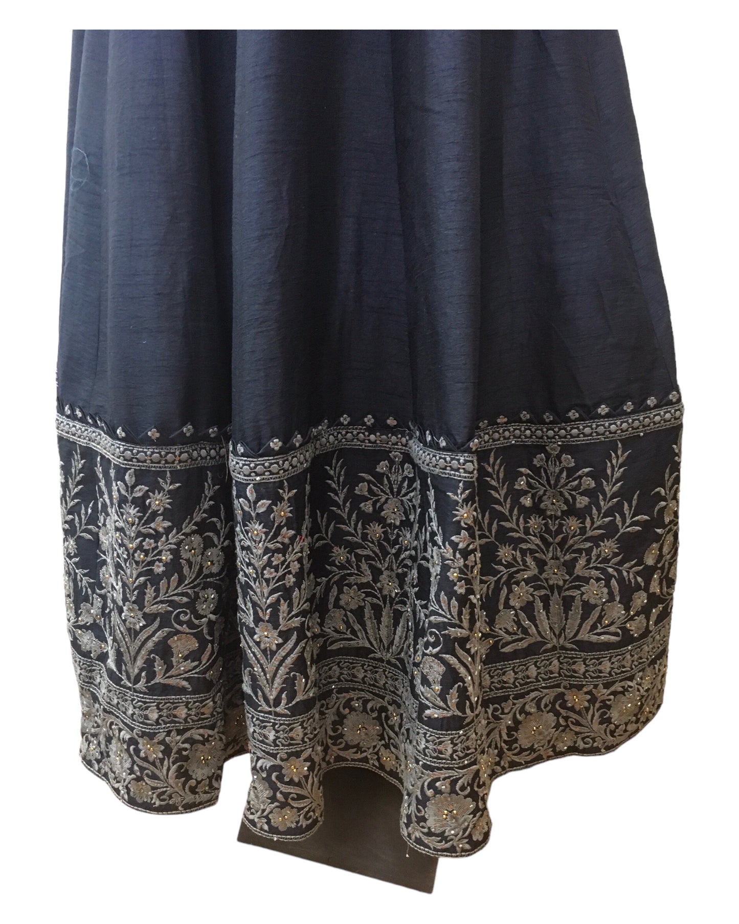 Cotton / Silky Dark Navy Anarakali Long Dress with Grey Embroidery - Size 12 (Bust 38") - Dulhan HY 0724