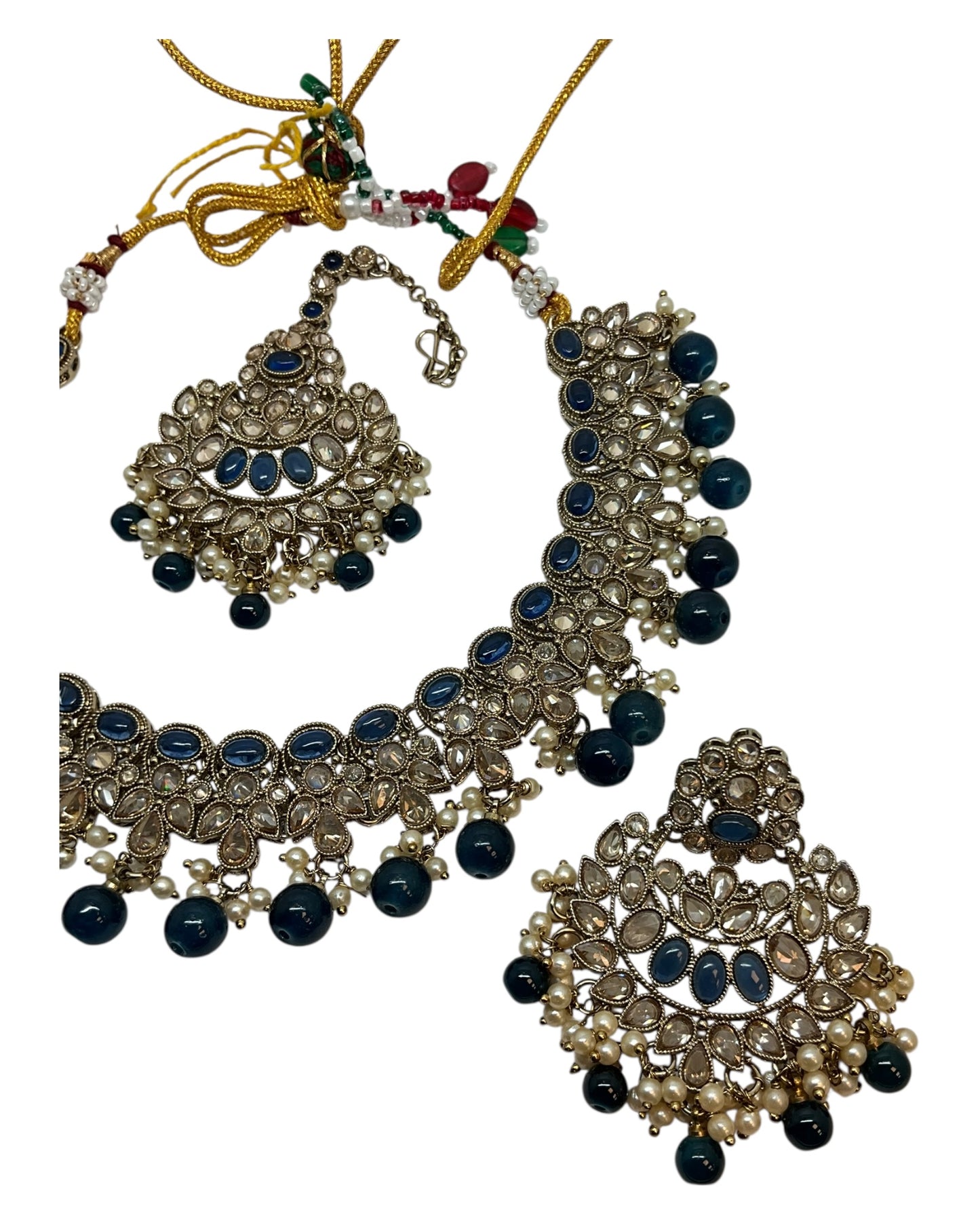 Blue - Large Size Antique Gold Finish Necklace Set with Earrings & Head Piece - Bollywood - AE2514 08KY25