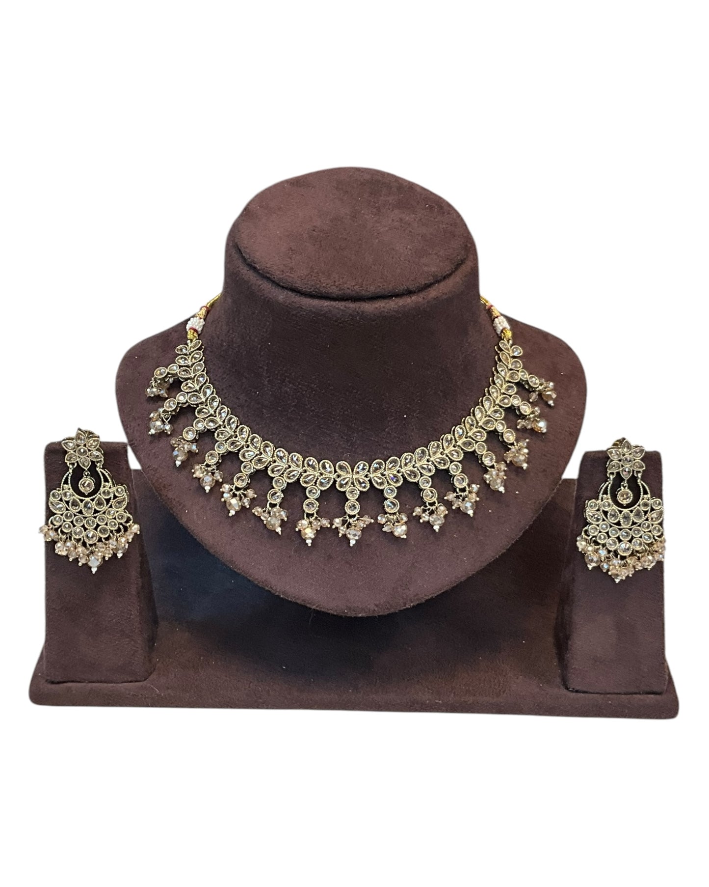 Gold / Neutral - Large Size Antique Gold Finish Necklace Set with Earrings - KAJ1015 KK 0525