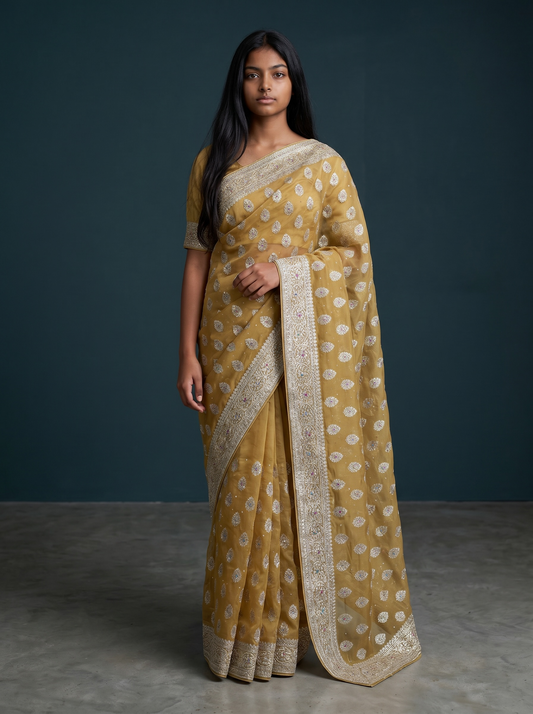 Yellow - Fancy Party Saree with Blouse Piece - UK stock - 24hr Dispatch - VFU4108 03VA26