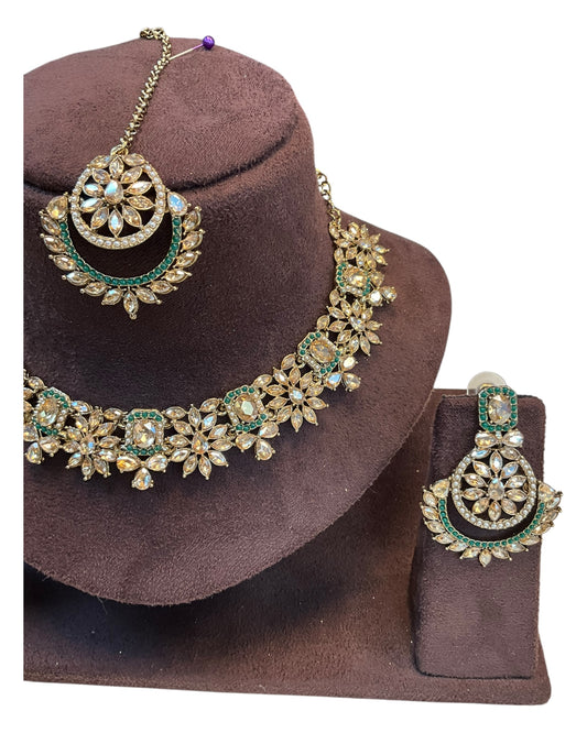 Green - Medium Size Antique Gold Finish Necklace Set with Earrings & Tika Head piece - JD7468  R 0525