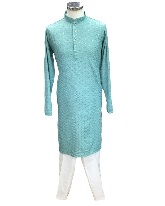 Sea Green - Lucknowi Sequins Mens Indian Kurta set - Weddings / Walimas , Sangeet, Eid, Mehndi / Henna - YD2403 KT 0324