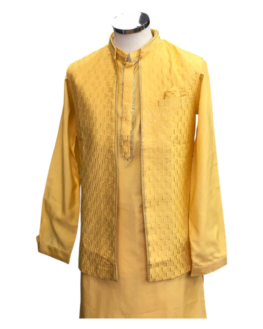 Haldi Yellow - Mens Kurta Set with Rich Brocade Waistcoat - SHU2507 TY 0325
