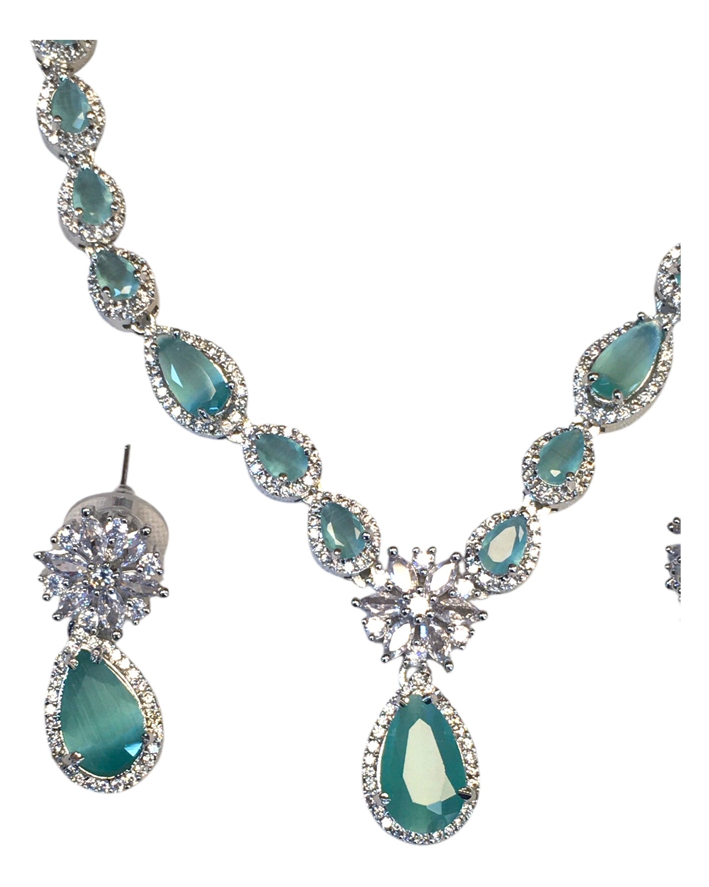 Sea Green - American Diamond Style Silver Finish Small Size Necklace Set with Earrings - AE2422 11H24