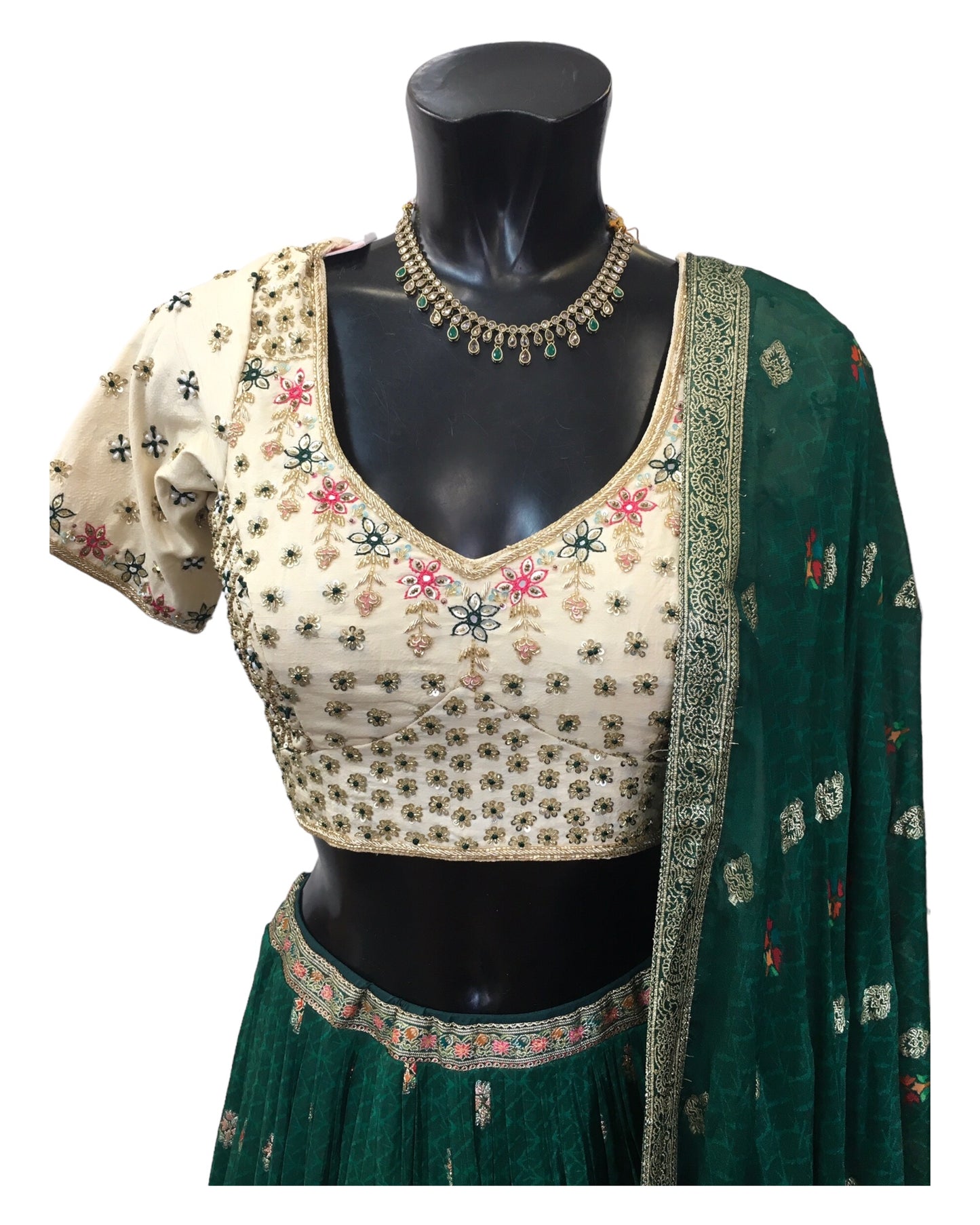 Green - Delicately Embroidered Chiffon Designer Lehenga Set - UK 12-16 - UK Stock - 24h Dispatch - NE2402 KYP 0724