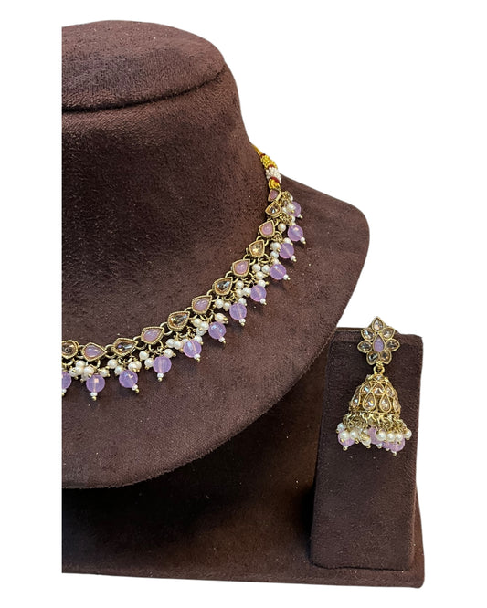 Lilac - Medium Size Antique Gold Finish Necklace Set with Earrings - RAK375 Pp