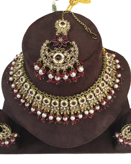 Magenta - Large Size Antique Gold Finish Necklace Set with Earrings - RAK501 KC 0424