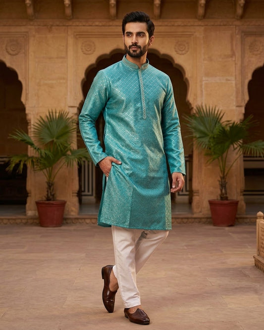 Turquoise Blue - Men’s Embroidered Jacquard Kurta Set with Trousers - UK Stock - Weddings / Walimas , Sangeet, Diwali, Eid, Mehndi / Henna - VEE3045 VK