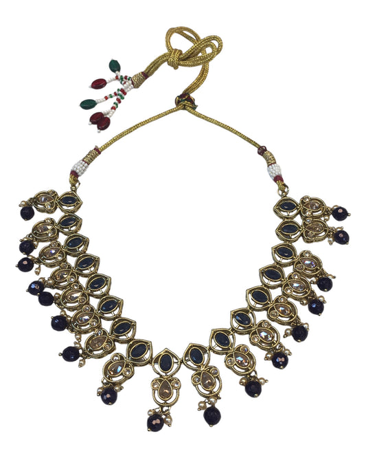 Navy Blue - Large Size Antique Gold Finish Necklace Set with Earrings - AV7787 11KK24