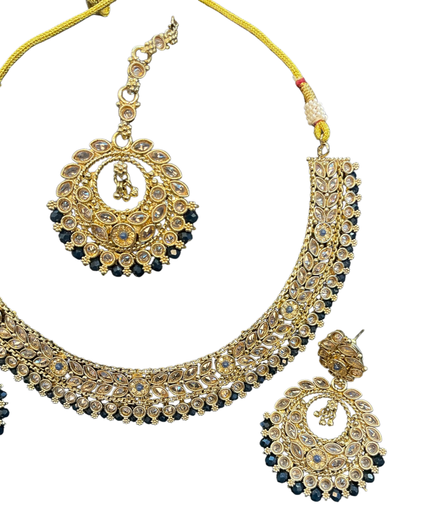 Black - Medium Size Antique Gold Finish Necklace Set with Earrings - SJ07 08KY25