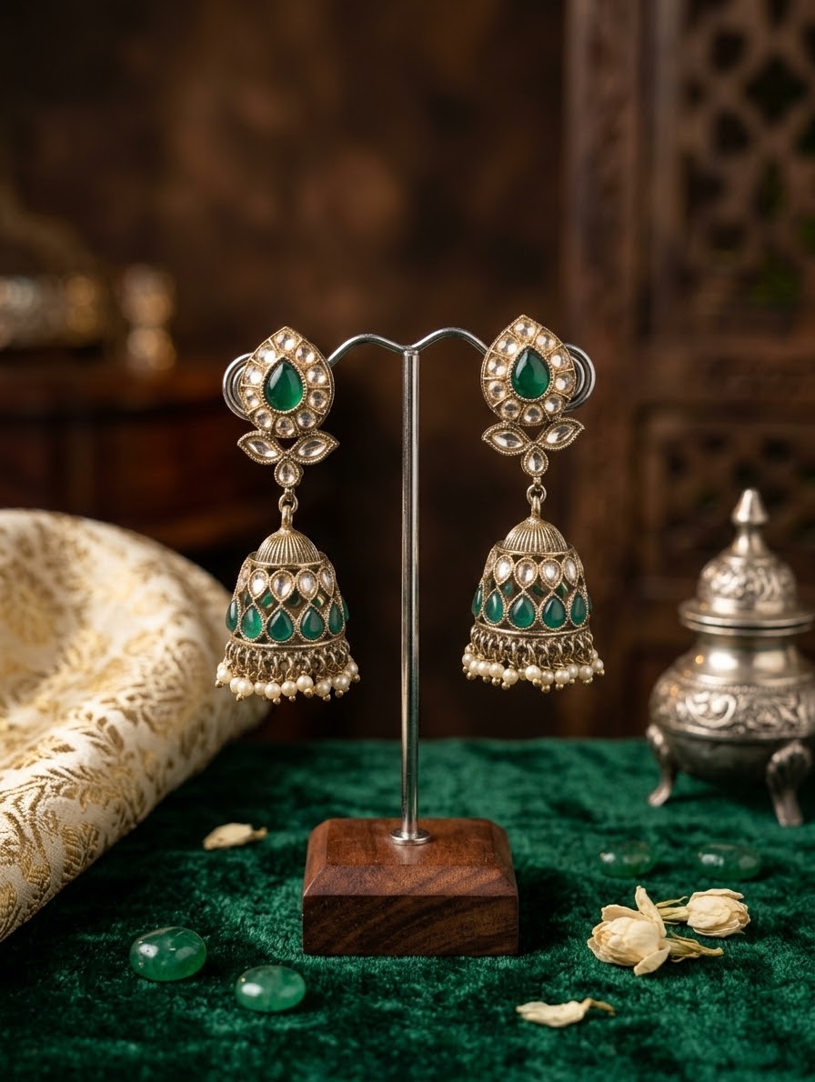 Green - Royal Teardrop Kundan & Pearl Jhumka Earrings - 6JE06 10Pp26