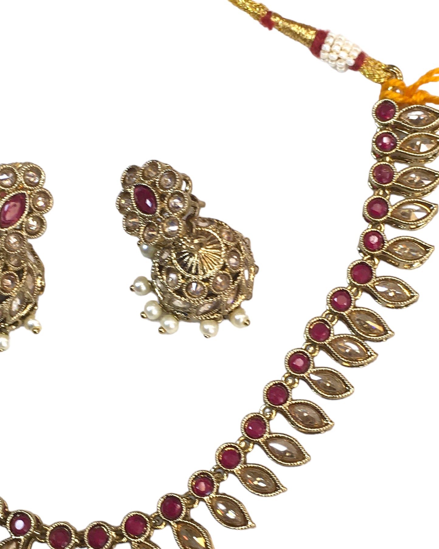 Maroon - Small Size Antique Gold Finish Necklace Set with Earrings - SV2404 C 0424
