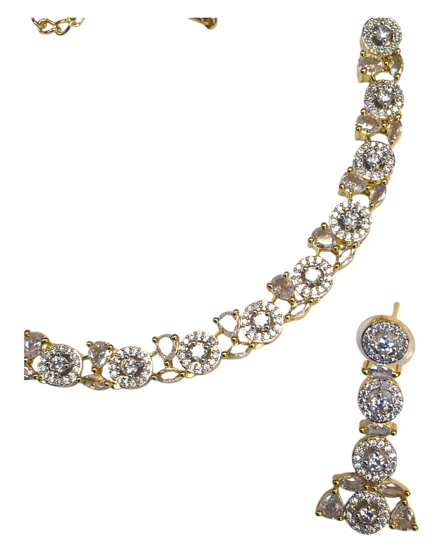 Clear - American Diamond Style Gold Finish Small Size Necklace Set with Earrings - AE2423 11C24