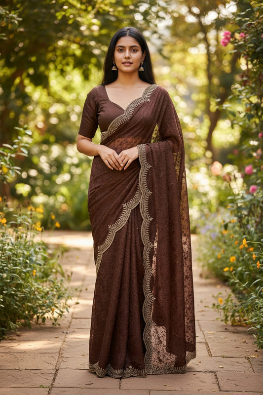 Bronze / Brown - Classic Saree with Stone Work and Blouse Piece - UK stock - 24hr Dispatch - RS2521 TT