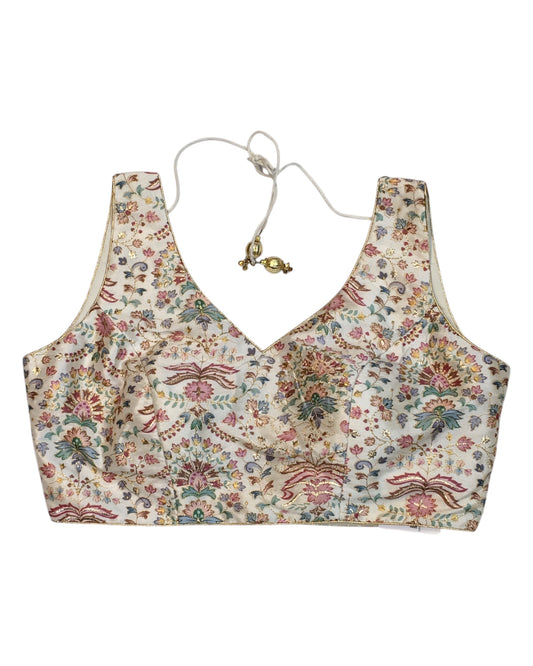 36" Bust (UK 10) Cream - Silky Block Print Saree / Lehenga blouse - Can be let out to size 14 - X1199 01KV25