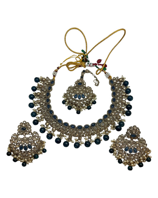 Blue - Large Size Antique Gold Finish Necklace Set with Earrings & Head Piece - Bollywood - AE2514 08KY25
