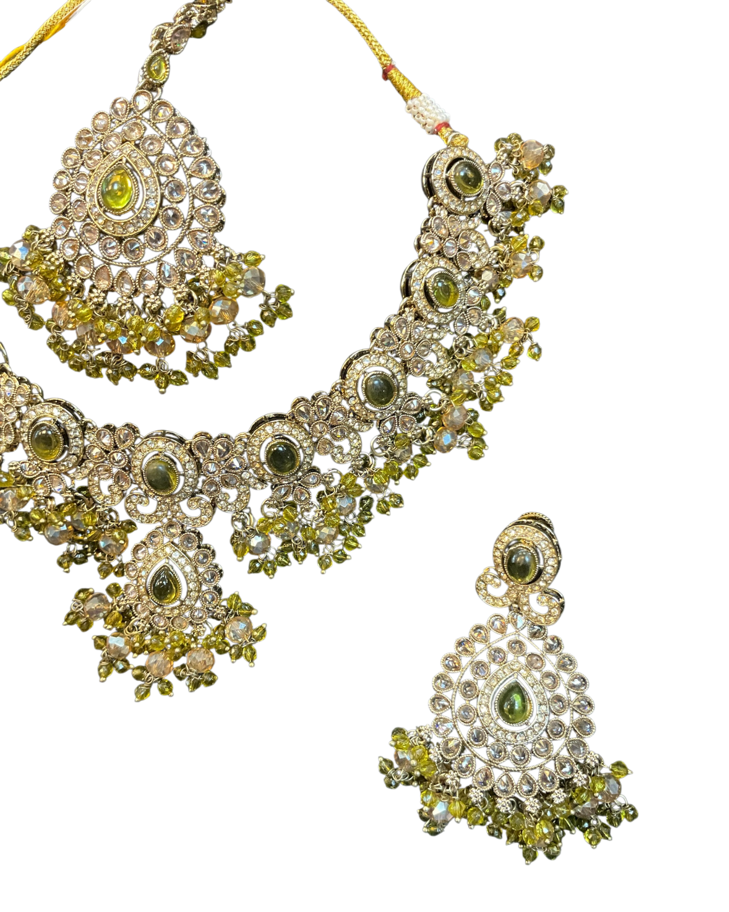 Mehndi Henna Green - Large - Antique Gold Finish Necklace Set with Earrings & Head Piece - AE2512 08KV25