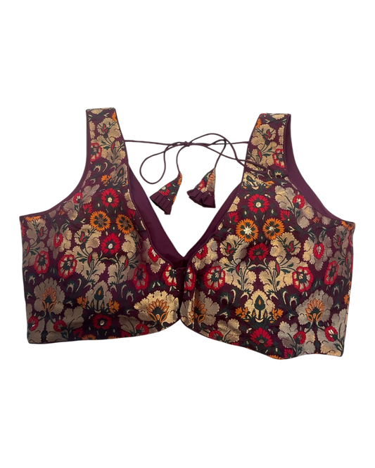 36" / UK 10 - Wine - Rich Banarasi Designer Saree blouse with cups, Sleeveless - UK Stock - Quick Delivery - RNK - R1007-KK