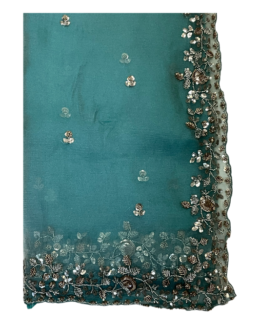 Turquoise Blue - Rich Saree with Bead Embroidery and Blouse Piece - UK stock - 24hr Dispatch - RS2523 TH