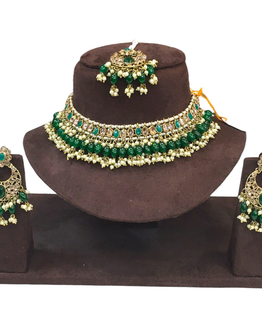 Green - Large Size Antique Gold Finish Necklace Set with Earrings - JE18 C 0424