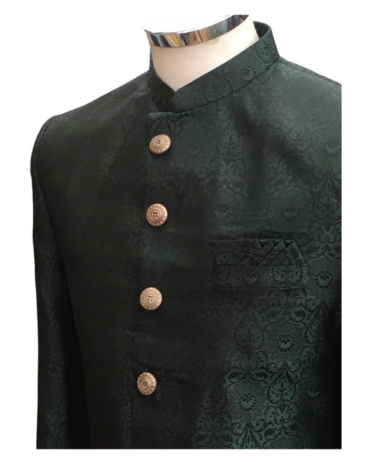 Racing Green - Classic Self Brocade Sherwani with Gold Buttons - BS786 JP 0824