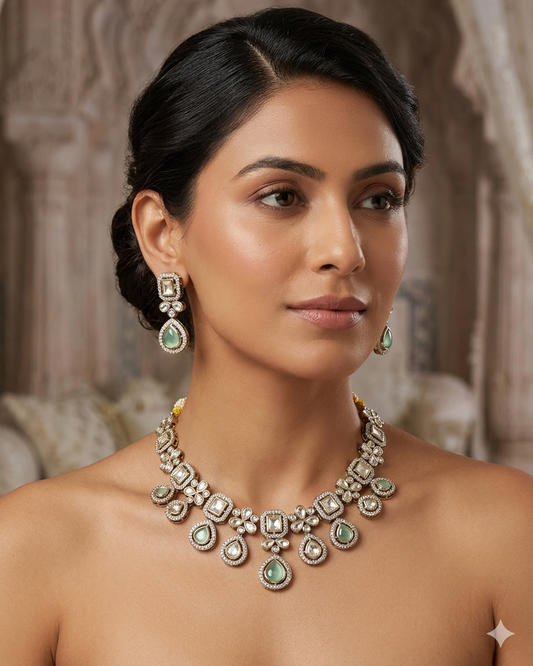 Light Green - Medium Size Antique Gold Finish Choki Necklace Set with Earrings - Bollywood - AVON-KU1320 08KA25