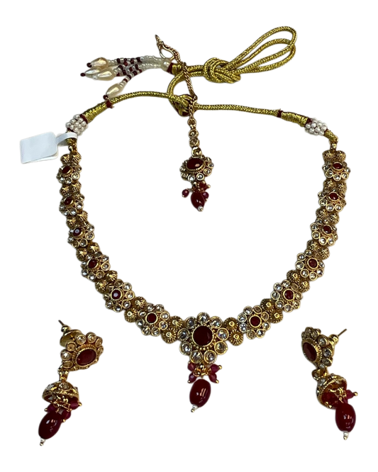 Fuchsia / Magenta / Ruby - Medium Size Gold Finish Necklace Set with Earrings & Head Piece - SLV90 04Cp26
