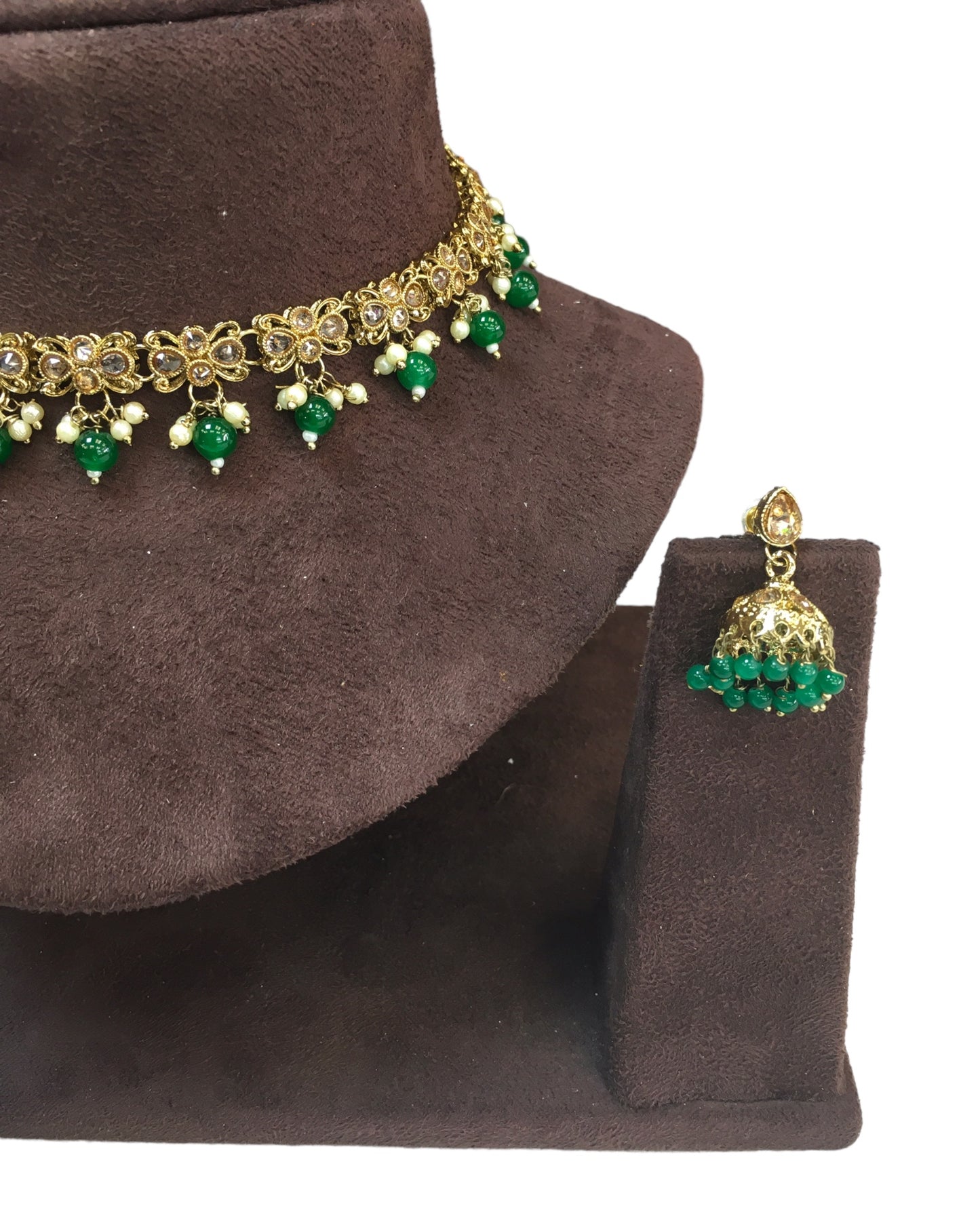 Green - Small Size Antique Gold Finish Necklace Set with Earrings - VJY402 A 0424