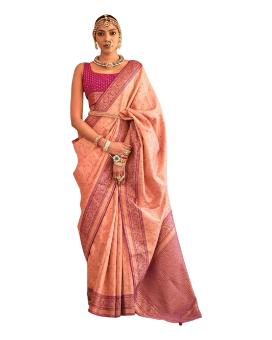 Coral / Purple - Silky Handloom Banarasi Saree with Blouse Piece - 12TY25 REW1050