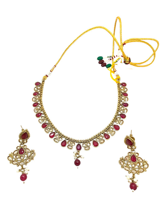 Fuchsia / Magenta /  Dark Pink - Small Size Antique Gold Finish Necklace Set with Earrings - Bollywood - AE2518 08A25