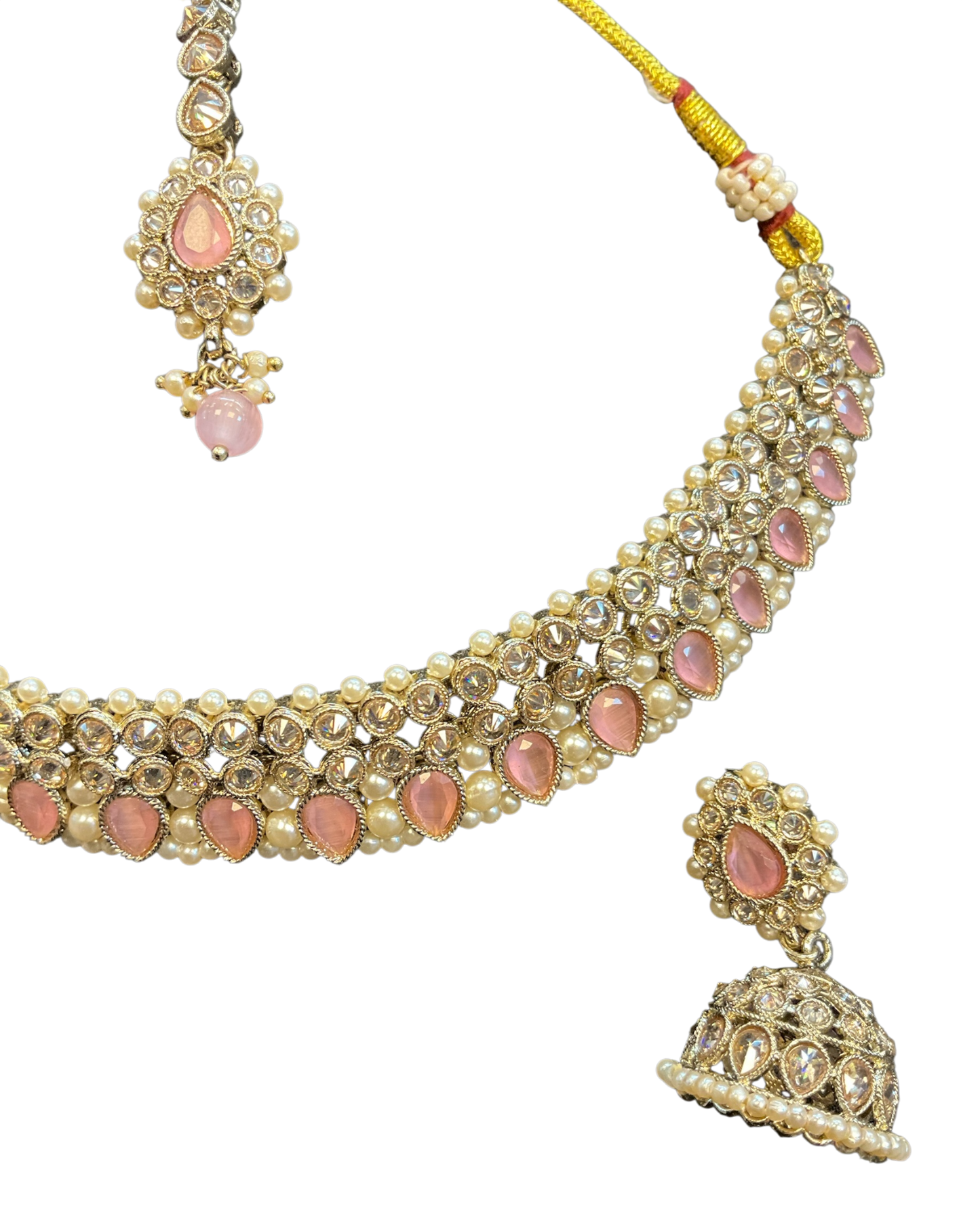 Baby Pink - Medium Size Antique Gold Finish Necklace Set with Earrings & Head Piece - 6NS449 04H26