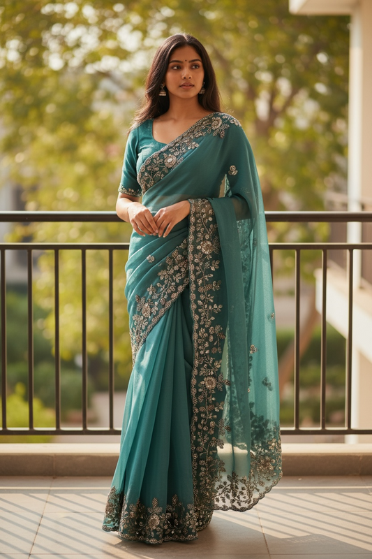 Turquoise Blue - Rich Saree with Bead Embroidery and Blouse Piece - UK stock - 24hr Dispatch - RS2523 TH