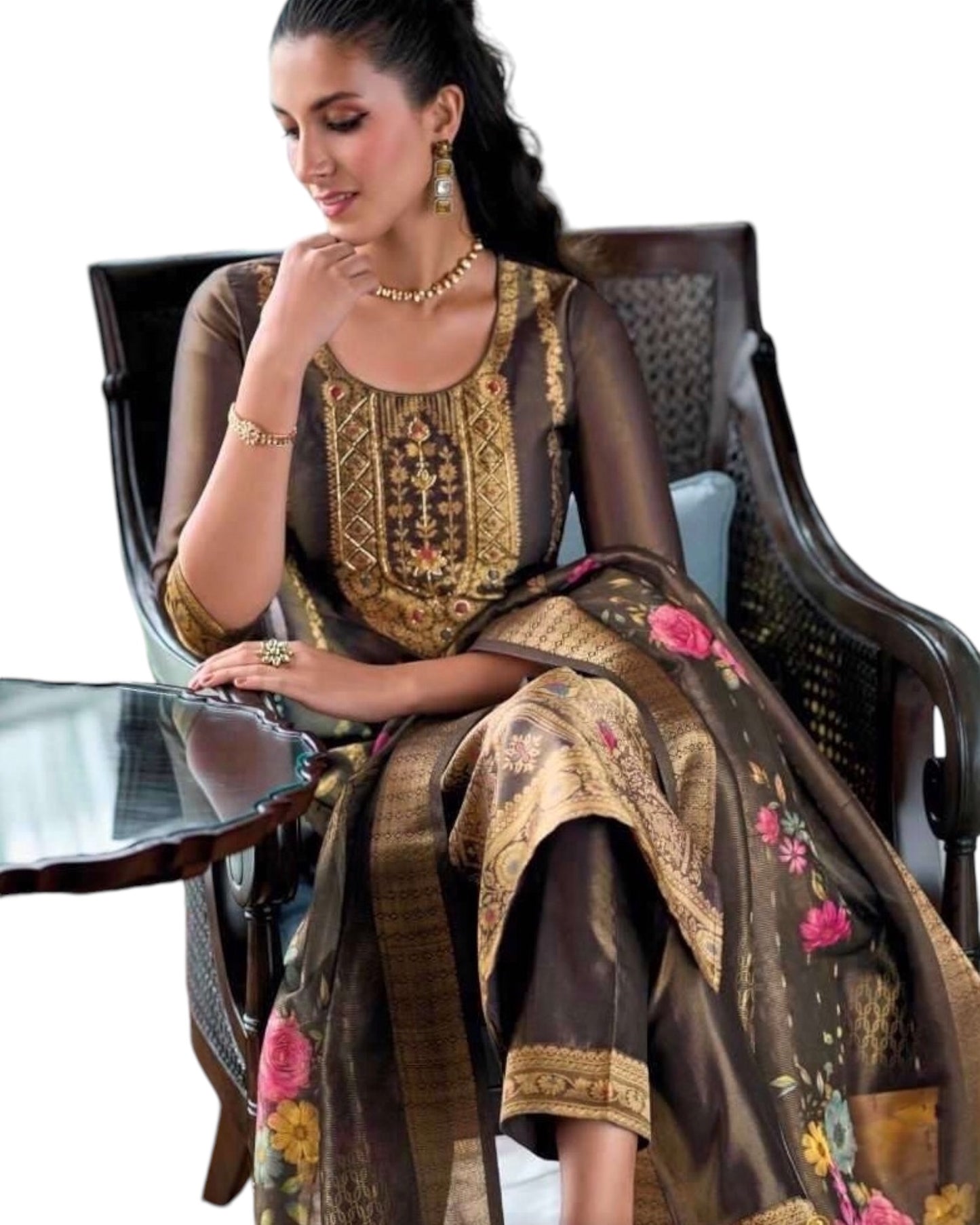 Dark Grey - Banarasi Handloom Ladies Indian Salwar Suit with Printed Dupatta - Available in Size 10 (36") LL-FAR22405 TY 1024